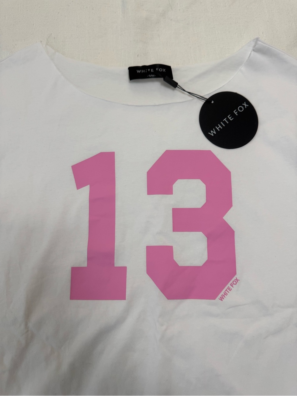 WHITE FOX White Off The Shoulder Tee with Pink '13' Graphic S/M
